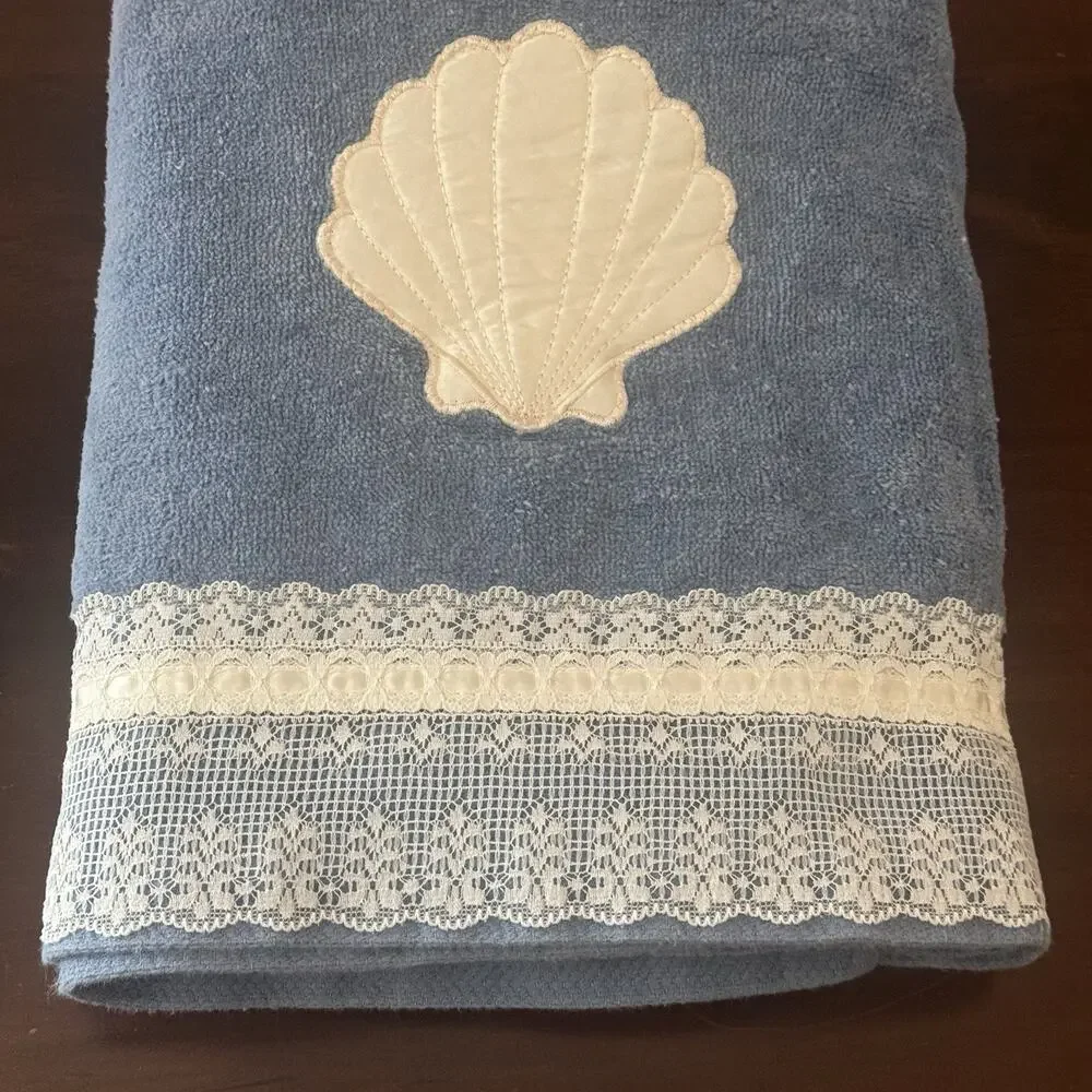 VTG Saturday Knight Bath Towel & Wash Rag Blue Sea Shell Embellished Cotton US